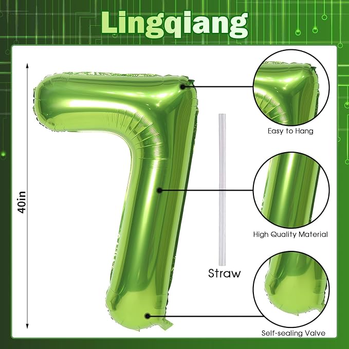 40'' Green Number 7 Balloons, Giant Self Inflating Foil Number Balloons Set 0-9 - Image 2