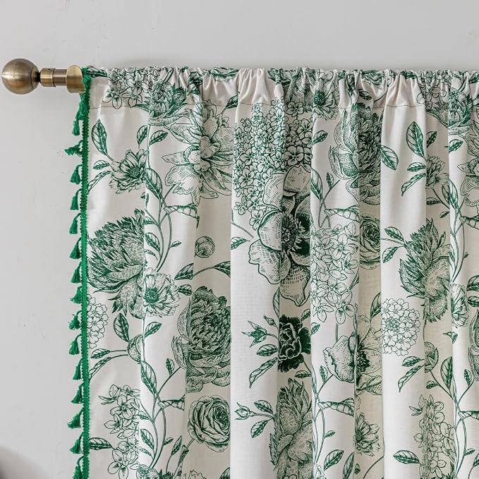 F-CHU Green Floral Farmhouse Curtains Living Room Drapes 84 Inch Length Cotton - Image 3