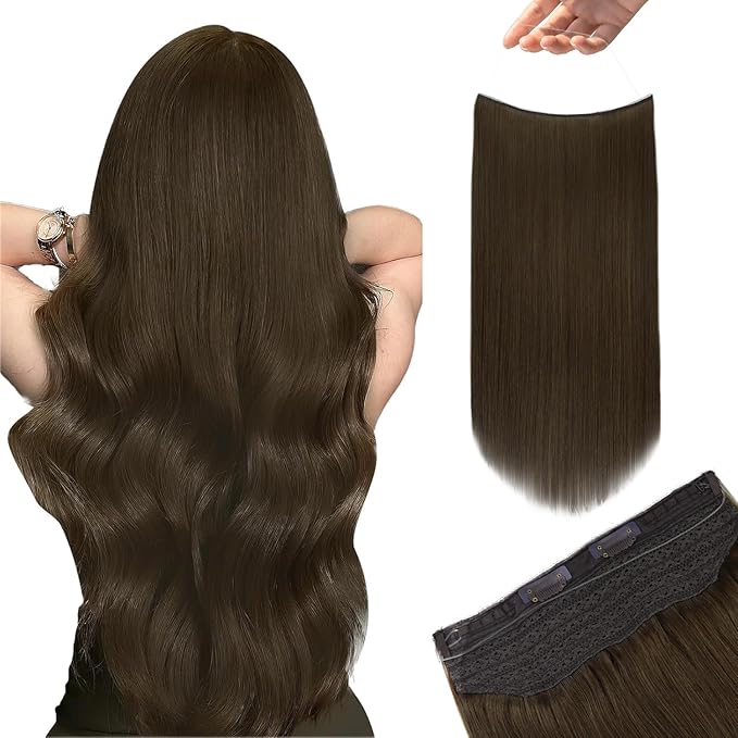 YoungSee Wire Hair Extensions Real Human Hair Brown Wire Human Hair Extensions Brown Fish Line Hair Extension Real Human Hair Easy of Use 70g 14 Inch