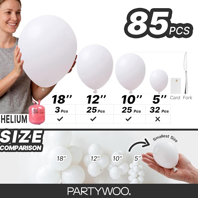 PartyWoo White Balloons 85pcs Matte White Latex Balloons Different Sizes | 18 - Image 6
