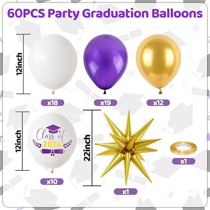 60pcs Purple Gold Graduation Balloons, Class Of 2026 Hat Printed Balloon - Image 2