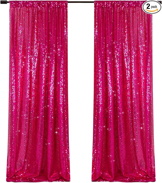 PartyDelight Hot Pink Sequin Backdrop Curtains 2x8ft 2 Panels | Sparkly 3mm by PartyDelight