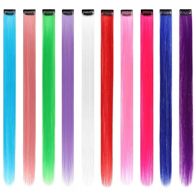 Colored Hair Extensions, Clip in, 22 Inch Long Straight, 10 Pieces Colorful Set, for Kids Girls Women Highlights Party, Synthetic