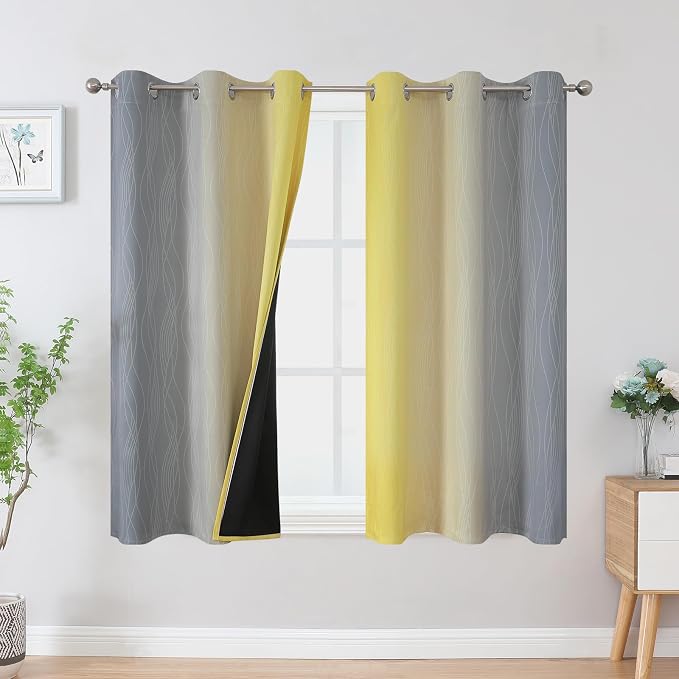 Yellow and Grey Blackout Curtains 54 Inch Length, Light Blocking Gradient Drapes - Image 2