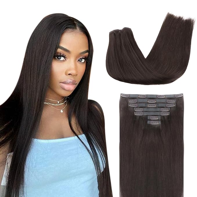Lashey Seamless Clip in Hair Extensions Real Human Hair, 7pcs 110g Straight PU Weft Human Hair Extensions 20 Inch #2 Dark Brown Hair Extensions with Invisi Edge