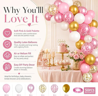 Pink and Gold Balloons, 12 Inch Pink White Metallic Chrome Gold Confetti Pink - Image 2