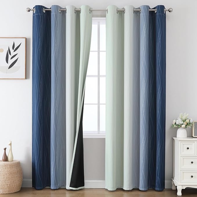 Sage Green and Navy Blue Gradient Blackout Curtains by ESTELARTEXTILER