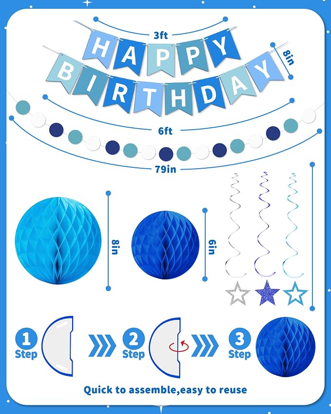 Blue Happy Birthday Decorations, Party Decorations Banners - Image 3