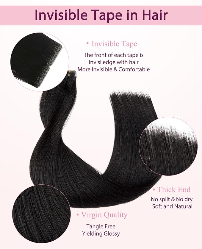 Pinkpearl Invisible Tape in Hair Extensions Human Hair, 20pcs 16inch 45g #1B Natural Black Injection Tape in Extensions Real Remy Straight Seamless Silky Human Hair Injected