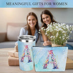 Personalized Gifts Monogrammed Birthday Gifts for Women, Cowerker Bride Appreciation Christmas Initial 20 oz Tumbler, Makeup Bag Cup Ballpoint Pens Journal Notebook 6 Set, (Aesthetic Blue Flower A)