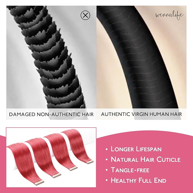 WENNALIFE Tape in Hair Extensions Human Hair Coral Red Tape in Extensions, 10pcs 25g 14 inch Remy Invisible Tape Ins Straight Colored Soft Real Human Hair Tape in Extensions Refill Set Extensions