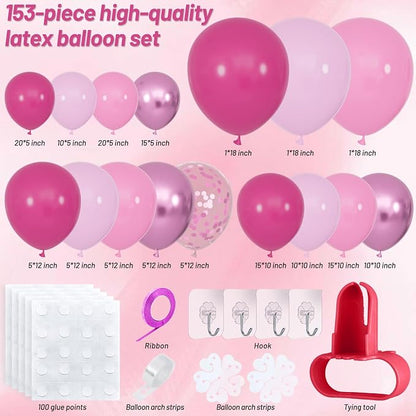153pcs Pink Balloon Arch Garland Kit, Hot Pink Latex Balloons Metallic Confetti - Image 2
