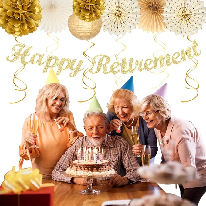 Beige-Gold Happy Retirement Party Decorations Banner Women Men Huglony | 21pcs - Image 4