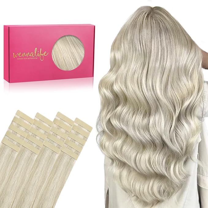 WENNALIFE Tape in Hair Extensions Human Hair, 20pcs 60g 26 inch Ash Blonde Highlighted Platinum Blonde Remy Hair Extensions Straight Human Hair Tape in Extensions Skin Weft Tape Extensions Human Hair