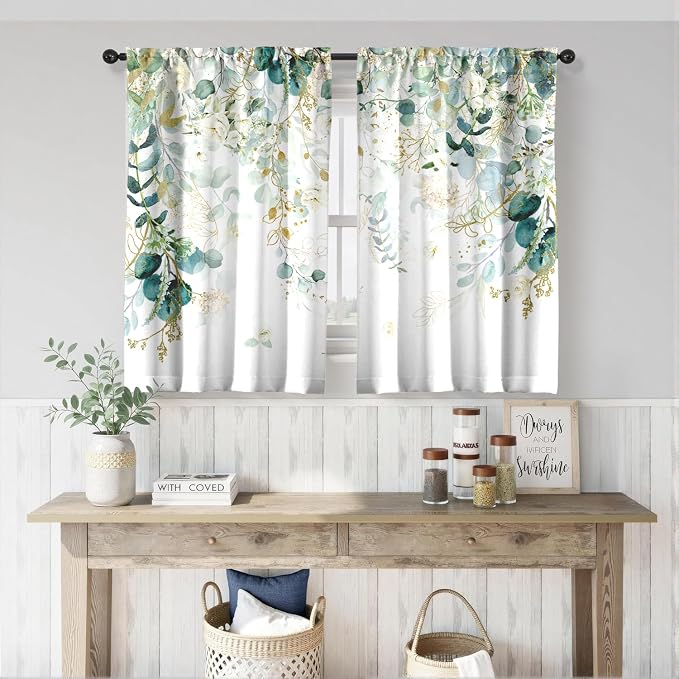 Green Eucalyptus Leaves Kitchen Curtains Elegant Wild Flower Curtains 39 Inches - Image 2