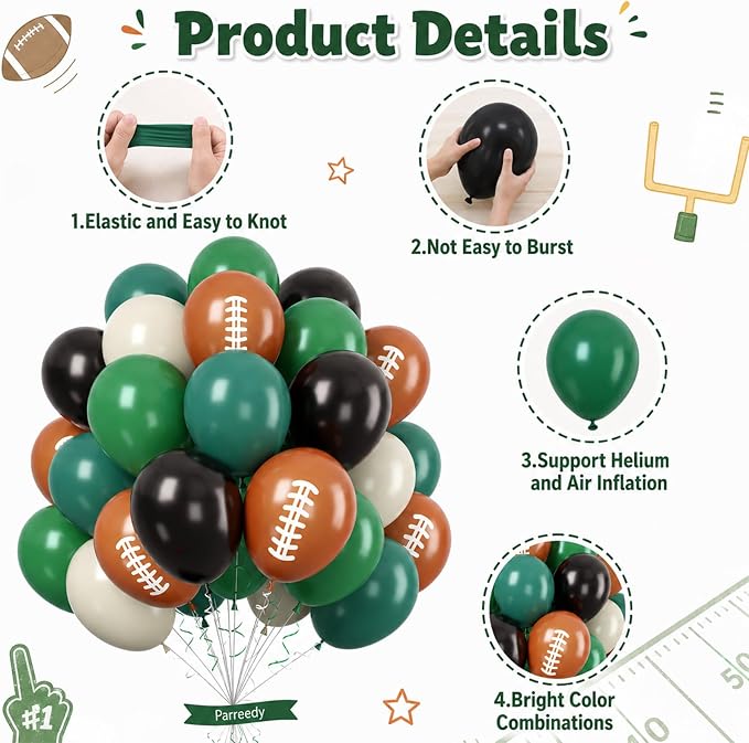60PC Football Balloons Set, 12Inch Dark Green Black Retro Ivory White Latex - Image 8