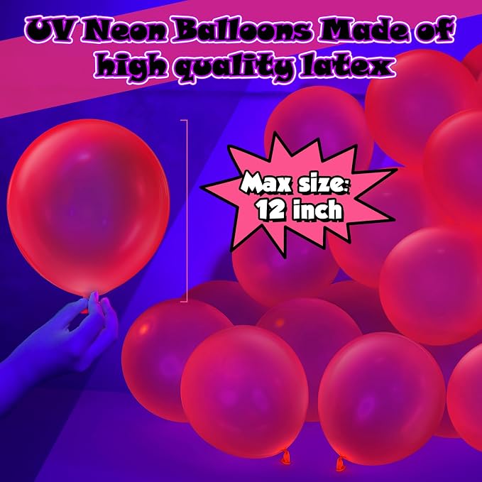 100 Pcs UV Neon Red Balloons 12 inch Neon Party Supplies, Glow in the Dark - Image 2