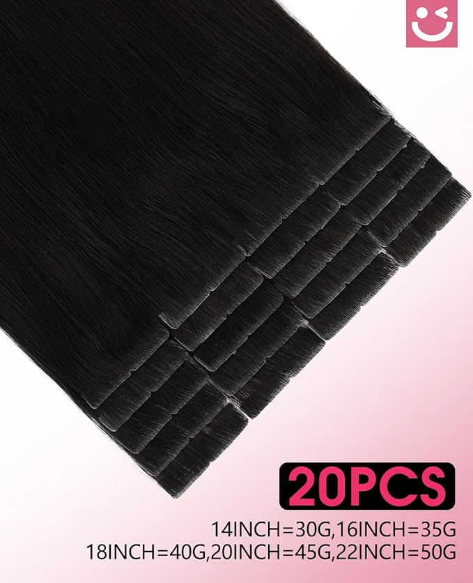 Youngsmile Injection Tape in Hair Extensions Human Hair, #1B Natural Black Invisible Tape in Injected Hair Extensions, 20pcs 50g, 22 Inch Injected Tape Ins Straight Extensiones De Cabello (#1B,22'')