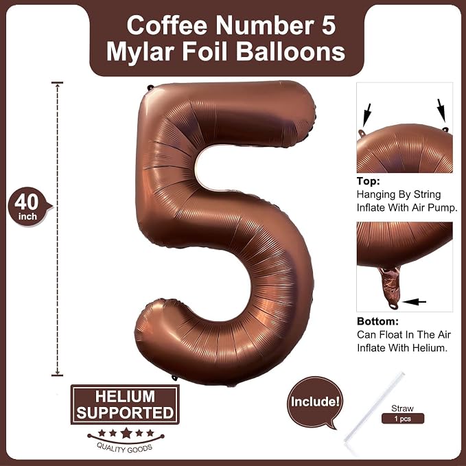 40 Inch Coffee Brown Number 5 Balloon Large Size Jumbo Digit Mylar Foil Retro - Image 2