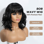 NOBLE Black Bob Curly Wavy Wig with Bangs for Women, Natural, Heat Resistant Synthetic Fiber Wig for Daily Party Cosplay Costume