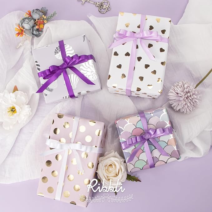 Ribbli Purple Satin Ribbon 3/8 Inch x 4 Rolls Total 40 Yards-White Lavender - Image 2