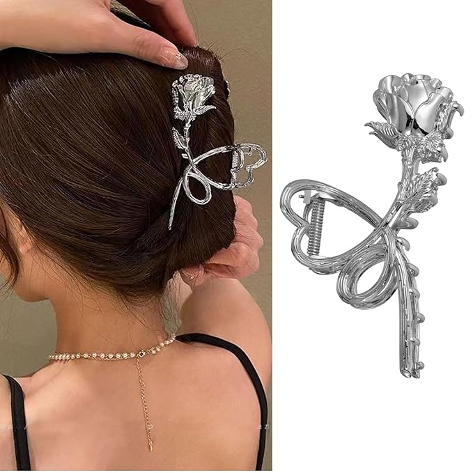 Flower Metal Hair Clips Claw, 1Pcs Flower Hair Claw Clips for Thin Thick Hair Accessories Non-Slip Rose Hair Claw Clip for Women Girls Fashionable Hair Styling