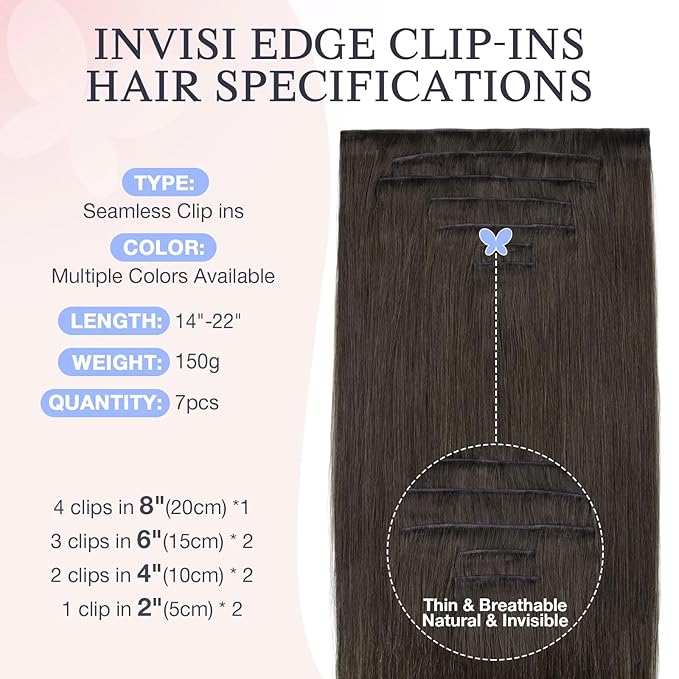 DOORES Invisible Clip in Hair Extensions 22 inch 150g 7pcs, Real Human Hair Invisi Edge Clip in Extensions, Virgin PU Clipins Straight Thickening Hairstyle, 1C Mocha Brown