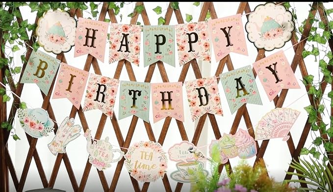SUNBEAUTY Floral Tea Party Birthday Decorations Tea Happy Birthday Banner - Image 8