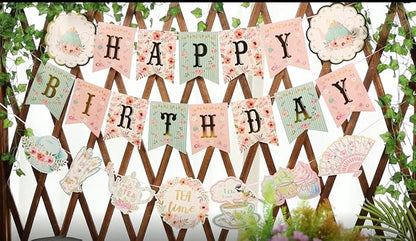 SUNBEAUTY Floral Tea Party Birthday Decorations Tea Happy Birthday Banner - Image 8