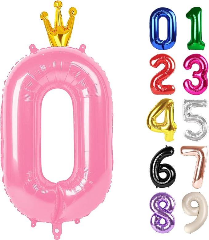 0 Balloon - Pink with Crown Birthday Number Balloons, 40 Inch Decorations | by ALPHADELTAPI