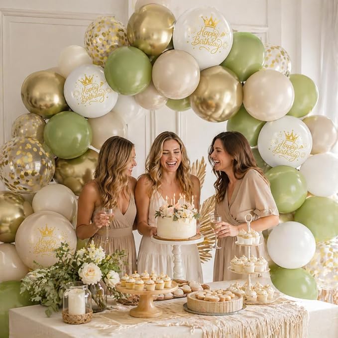 Sage Green Sand White Gold Birthday Balloons, 12 Inch Olive Green Cream Beige - Image 4