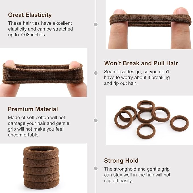 100 Pcs Thick Seamless Hair Ties, Ponytail Holders Hair Accessories No Damage for Thick Hair Christmas Gift(Dark Brown Colors)