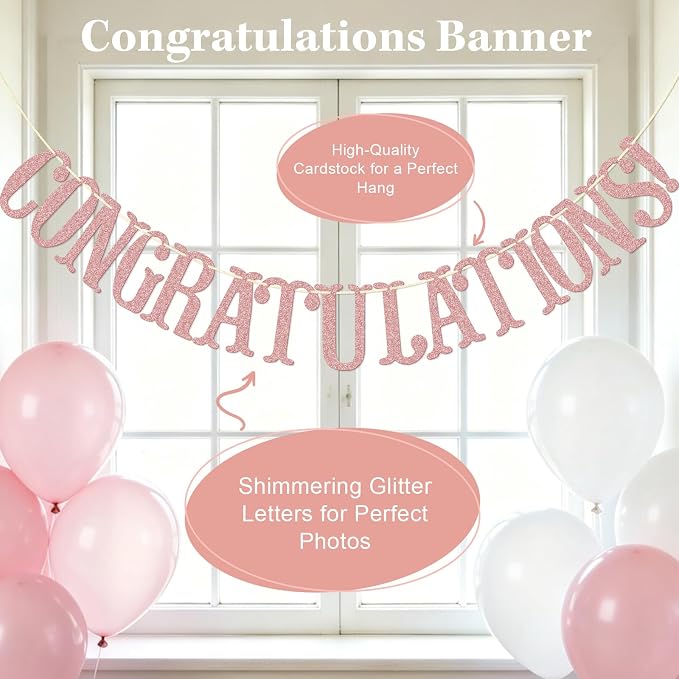 Congratulations Banner, Graduation Party Decor | Rose Gold Glitter Congrats Sign - Image 4