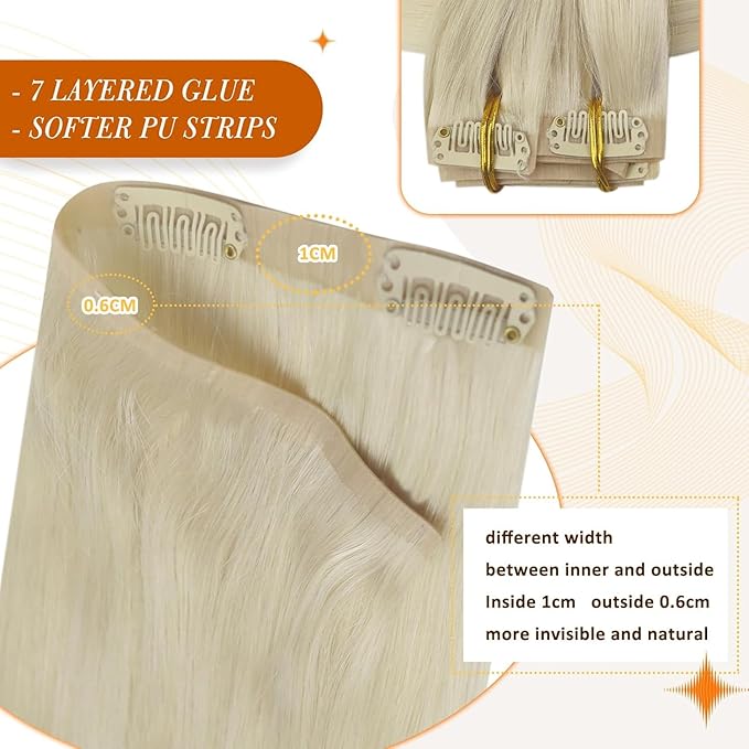 Full Shine Seamless Hair Extensions Real Human Hair Clip ins Platinum Blonde Silky Straight Clip in Hair Extensions Invisible Real Hair 14 Inch 8 PCS 120 Grams