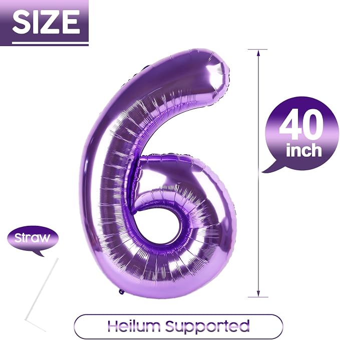 6 Balloon - Purple Birthday Number Balloons, 40 Inch Decorations Men Women | - Image 5