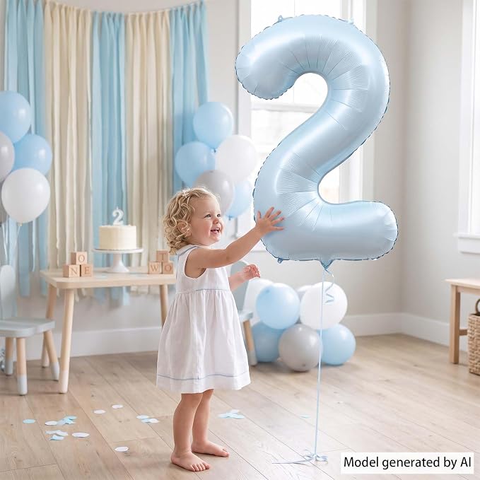 Baby Blue Number 2 Balloon 40 Inch, Muted Pastel Digit Theme Party Supplies | - Image 6