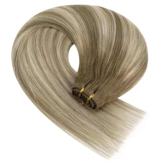 YoungSee Sew in Hair Extensions Real Human Hair Balayage Hair Extensions Weft Light Brown Mix Platinum Blonde Balayage Weft Hair Extension Human Hair for Full Head 20Inch 100G