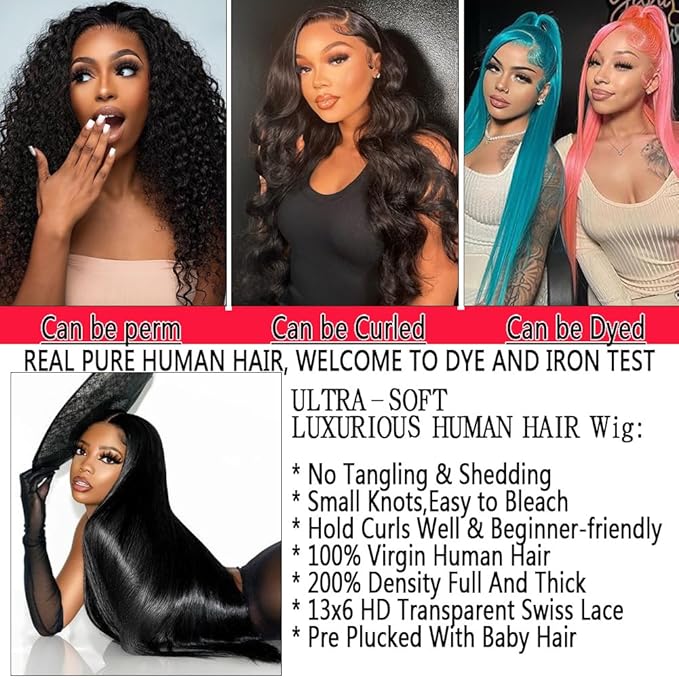 26 Inch 13x6 Lace Front Wigs Human Hair Straight Lace Front Wig Pre Plucked 200 Density Glueless Natural Black Straight Wig Human Hair 13x6 HD Lace Frontal Wigs for Women