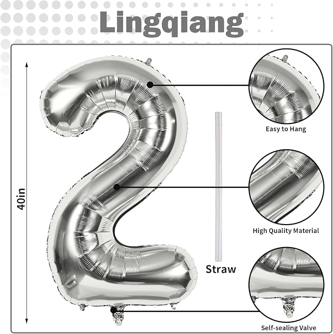Silver Number Balloons, 40 inch Large Number 2 Foil Helium Balloons - Image 2