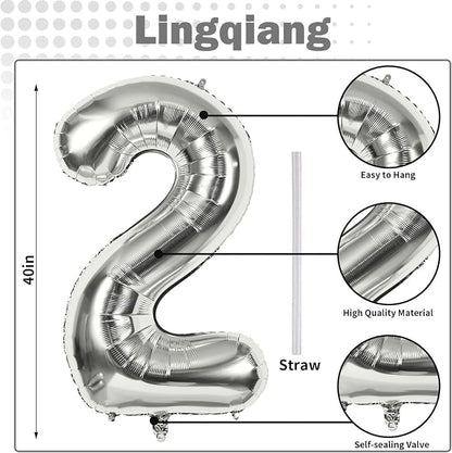 Silver Number Balloons, 40 inch Large Number 2 Foil Helium Balloons - Image 2