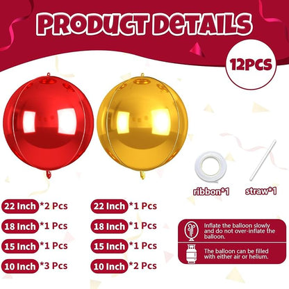 Red and Gold Round Balloons Foil, Metallic Gold Red Balloons - Image 2