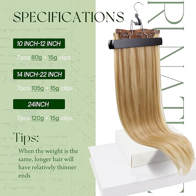 RUNATURE Blonde Clip in Hair Extensions, Real Human Hair Clip in Extensions, Short Hair Extensions Clip Ins, Double Weft Remy Natural Hair, 12 Inch 80g 7pcs, #16P24 Golden Blonde Highlights