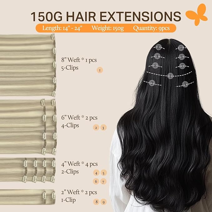 DOORES Hair Extensions, Ash Blonde Highlighted Platinum Blonde 150g 9pcs 20 Inch Remy Human Hair Extensions Straight Natural Clip in Extensions