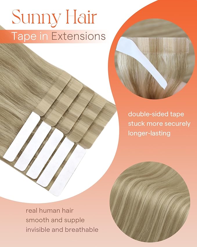 Sunny Hair Tape in Hair Extensions Real Human Hair Invisible Remy Hair Extensions Tape ins for Women Dark Honey Blonde Highlight Medium Blonde 24 inch 25G