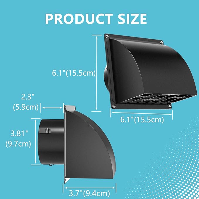 4 Inch Dryer Vent Cover Outside, HG Power Metal Exterior Vent Cover with Removable Screen & Cushioned Non-Return Flap, Air Wall Vent for House, Range Hood, AC, Opening Diameter: 3.81" Black