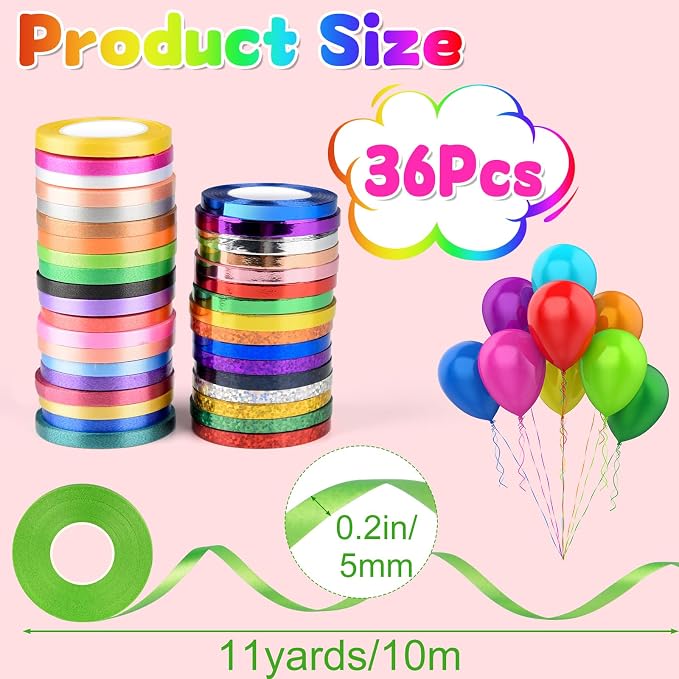 NEBURORA 36 Rolls 36 Colors Curling Ribbon 1/5 Inch 11 Yards Balloon String - Image 2