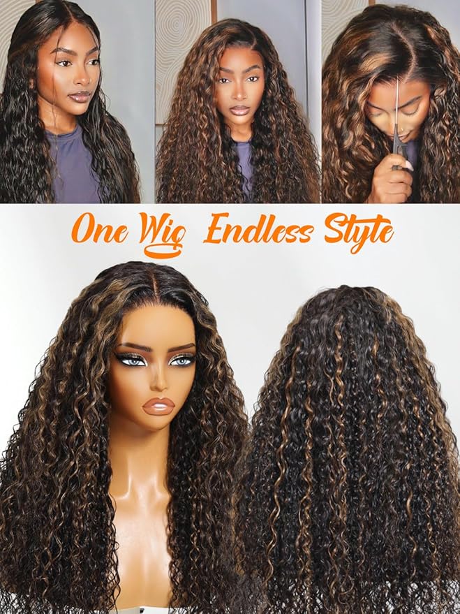 Julia Hair Golden Brown Highlight Water Wave and Jerry Curly Wig Mixed Curls 13X4 Lace Front Pre Everything Wigs Glueless Human Hair Lace Frontal with Invisi Drawstring Ready to Go 16 Inch