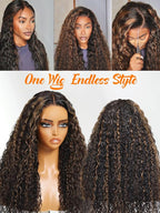 Julia Hair Golden Brown Highlight Water Wave and Jerry Curly Wig Mixed Curls 13X4 Lace Front Pre Everything Wigs Glueless Human Hair Lace Frontal with Invisi Drawstring Ready to Go 22 Inch
