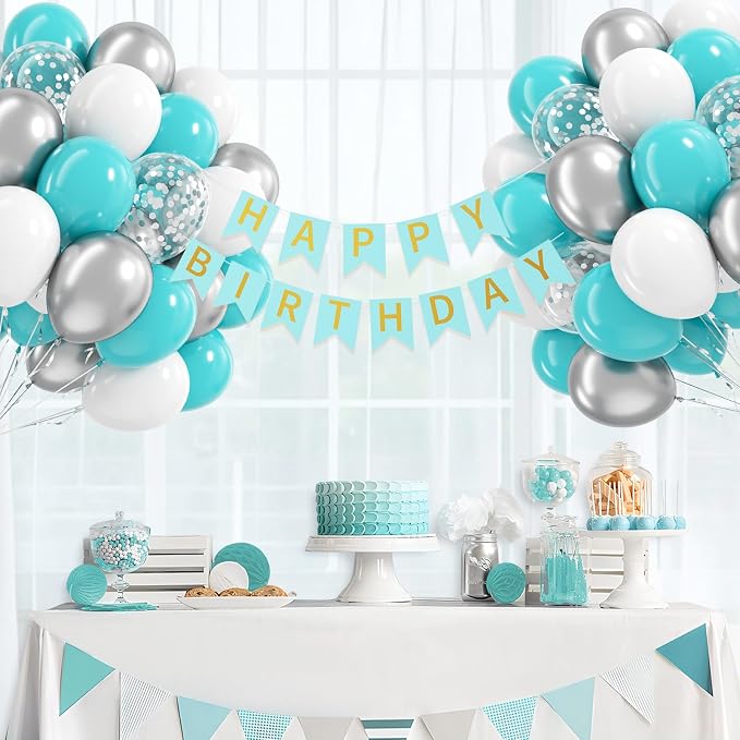 60pcs Teal Silver and White Balloons 12inch - Image 8
