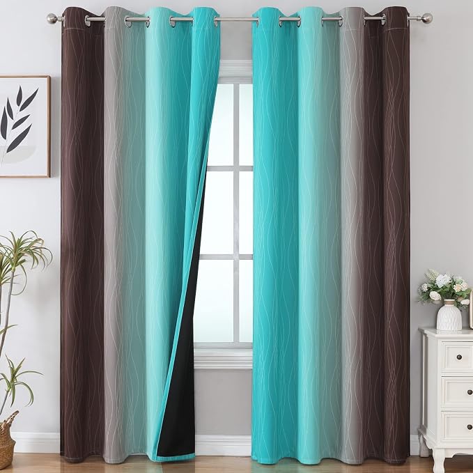 Brown and Teal Ombre Blackout Curtains 90 Inch Length 2 Panels Set, Thermal by ESTELARTEXTILER